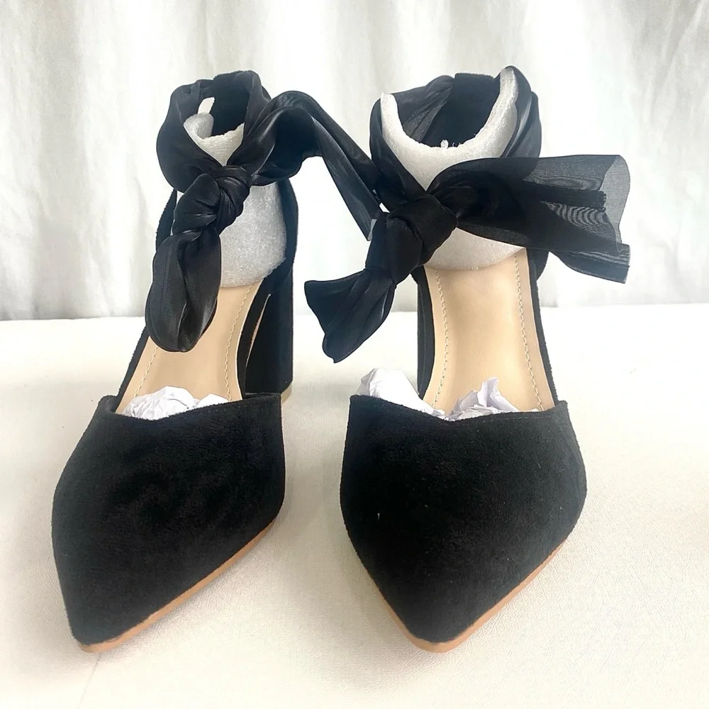 SHEIN Black Block Heels with Sheer Ribbon Ankle Tie Bow Size 36 US 6 Shoes NIB